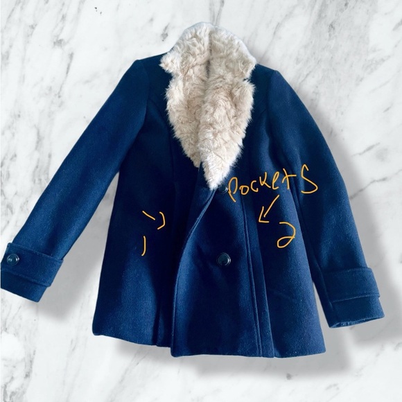 Zara Navy Pea Coat with Faux Fur Cream Collar - Picture 5 of 5